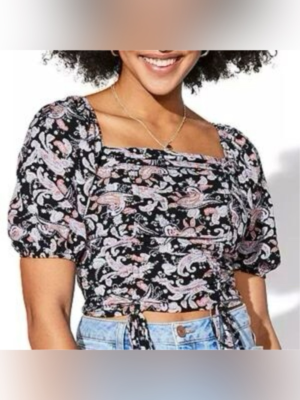 Vylette Floral Paisley Square-Neck Crop Puff Sleeve Boho Top